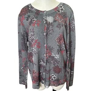 Charter Club Cardigan Women XL Grey Floral Metallic Shimmer Button Front Sweater